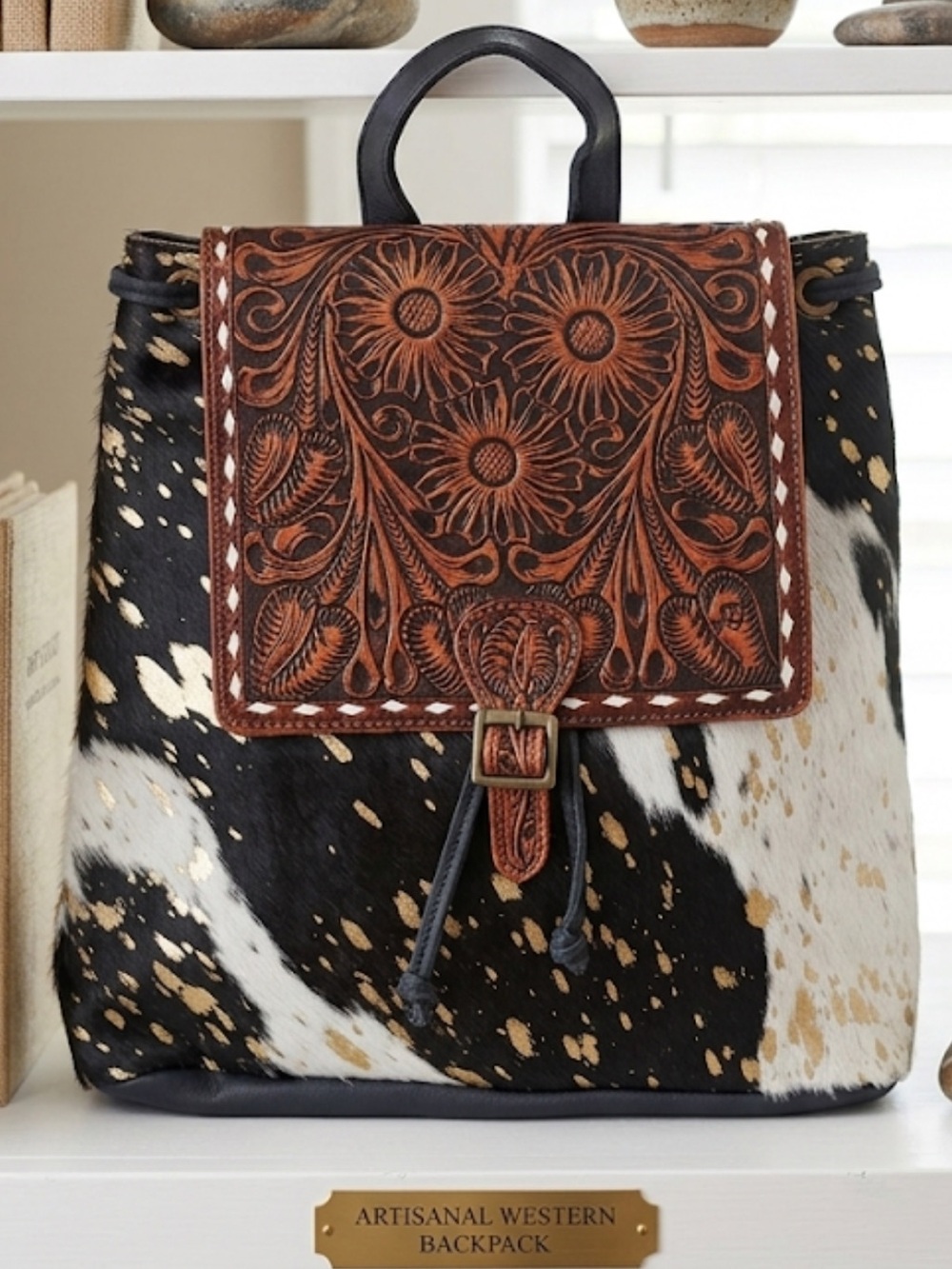 American Darling Black White Cowhide Backpack with Tooled Leather Flap NWOT